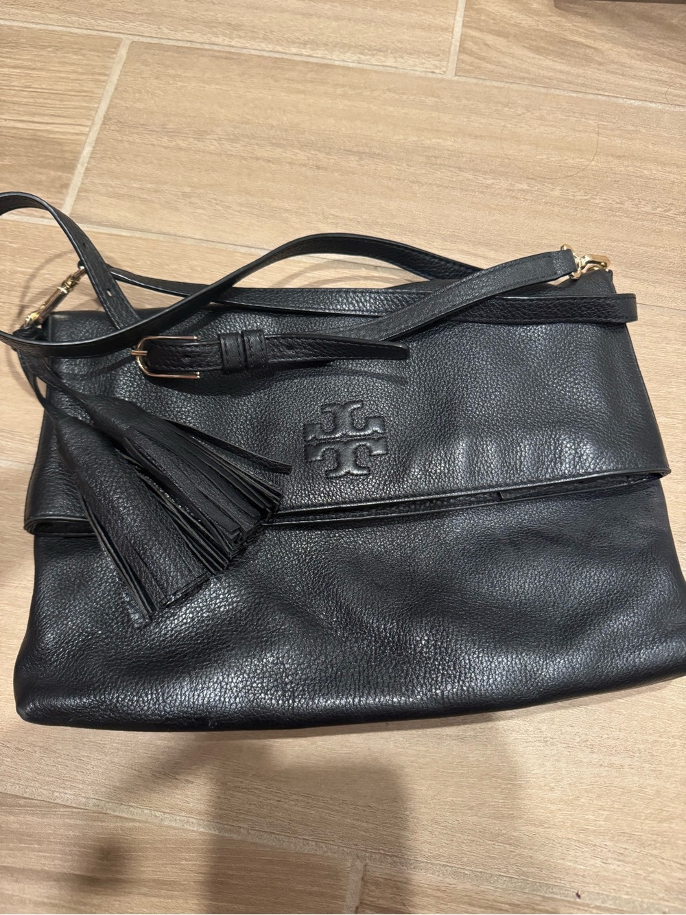 Tory Burch Black Pebbled Leather Crossbody with Tassel